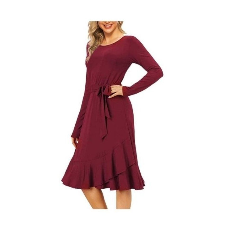 Women's Blue Long Sleeve Tie Waist Ruffle Hem Casual Midi Dress - Picture 12 of 15